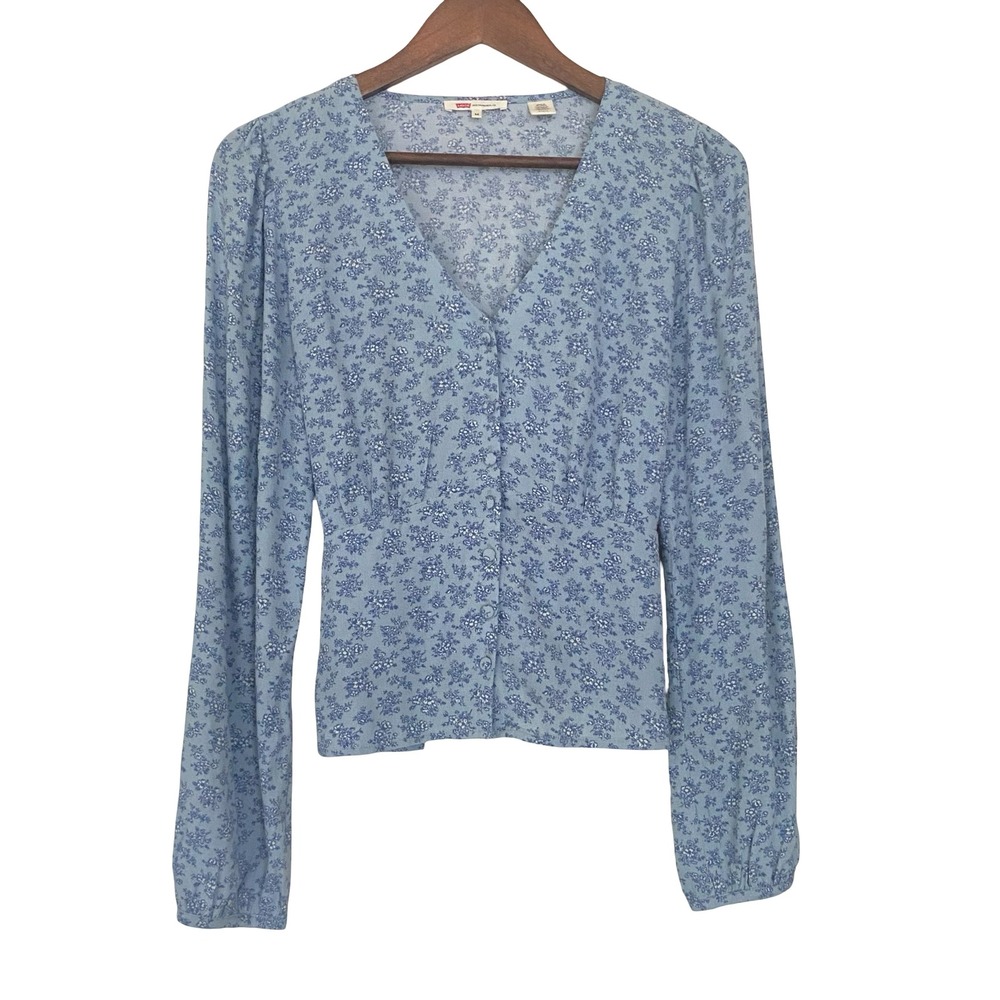Levi's Floral Blouse Medium Blue Button Front V Neck Back‎ Tie Long Sleeve